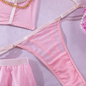 Pure desire cute perspective mesh skirt with chain halter neck with gloves four sets lingerie set - Negative Apparel