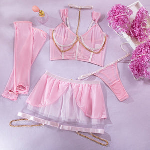 Pure desire cute perspective mesh skirt with chain halter neck with gloves four sets lingerie set - Negative Apparel