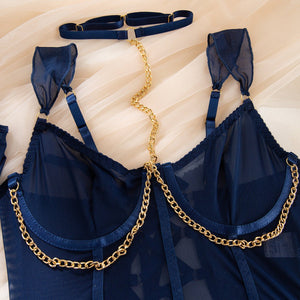 Pure desire cute perspective mesh skirt with chain halter neck with gloves four sets lingerie set - Negative Apparel