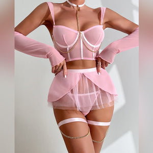 Pure desire cute perspective mesh skirt with chain halter neck with gloves four sets lingerie set - Negative Apparel