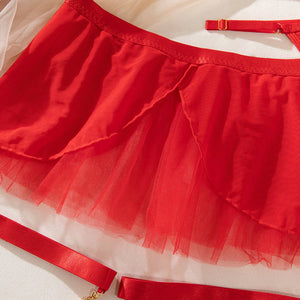 Pure desire cute perspective mesh skirt with chain halter neck with gloves four sets lingerie set - Negative Apparel