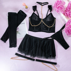 Pure desire cute perspective mesh skirt with chain halter neck with gloves four sets lingerie set - Negative Apparel