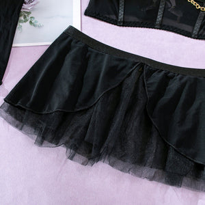 Pure desire cute perspective mesh skirt with chain halter neck with gloves four sets lingerie set - Negative Apparel