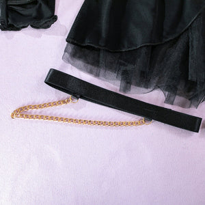 Pure desire cute perspective mesh skirt with chain halter neck with gloves four sets lingerie set - Negative Apparel