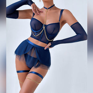 Pure desire cute perspective mesh skirt with chain halter neck with gloves four sets lingerie set - Negative Apparel