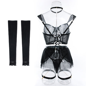Pure desire cute perspective mesh skirt with chain halter neck with gloves four sets lingerie set - Negative Apparel