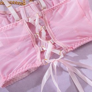 Pure desire cute perspective mesh skirt with chain halter neck with gloves four sets lingerie set - Negative Apparel