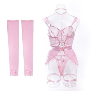 Pure desire cute perspective mesh skirt with chain halter neck with gloves four sets lingerie set - Negative Apparel