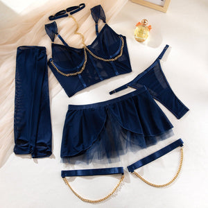 Pure desire cute perspective mesh skirt with chain halter neck with gloves four sets lingerie set - Negative Apparel