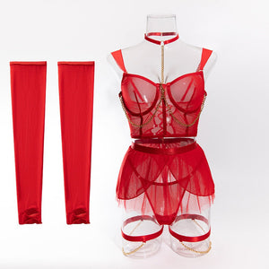 Pure desire cute perspective mesh skirt with chain halter neck with gloves four sets lingerie set - Negative Apparel