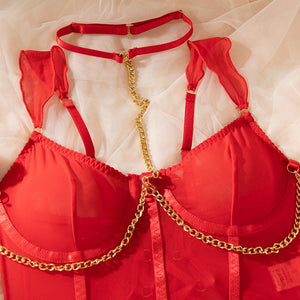 Pure desire cute perspective mesh skirt with chain halter neck with gloves four sets lingerie set - Negative Apparel