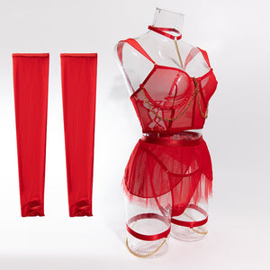 Pure desire cute perspective mesh skirt with chain halter neck with gloves four sets lingerie set - Negative Apparel