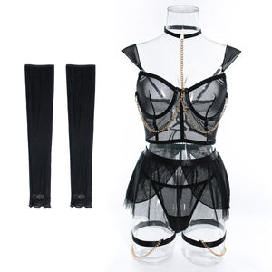 Pure desire cute perspective mesh skirt with chain halter neck with gloves four sets lingerie set - Negative Apparel