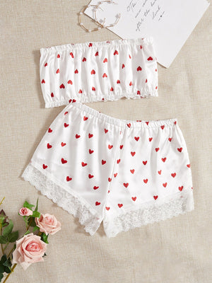 Pure Desire Heart Print Bandeau Satin Lingerie Set - Negative Apparel