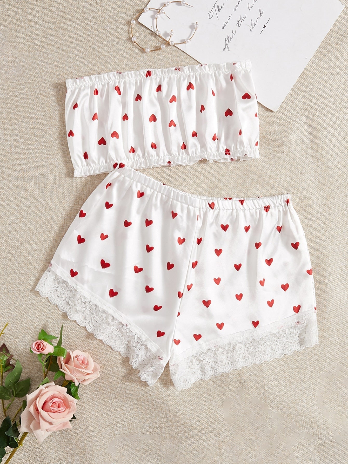 Pure Desire Heart Print Bandeau Satin Lingerie Set - Negative Apparel
