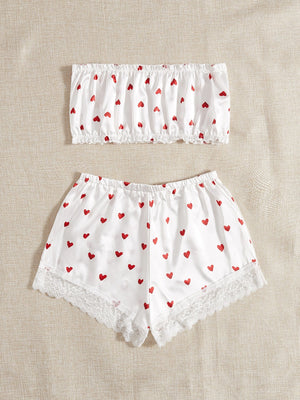 Pure Desire Heart Print Bandeau Satin Lingerie Set - Negative Apparel