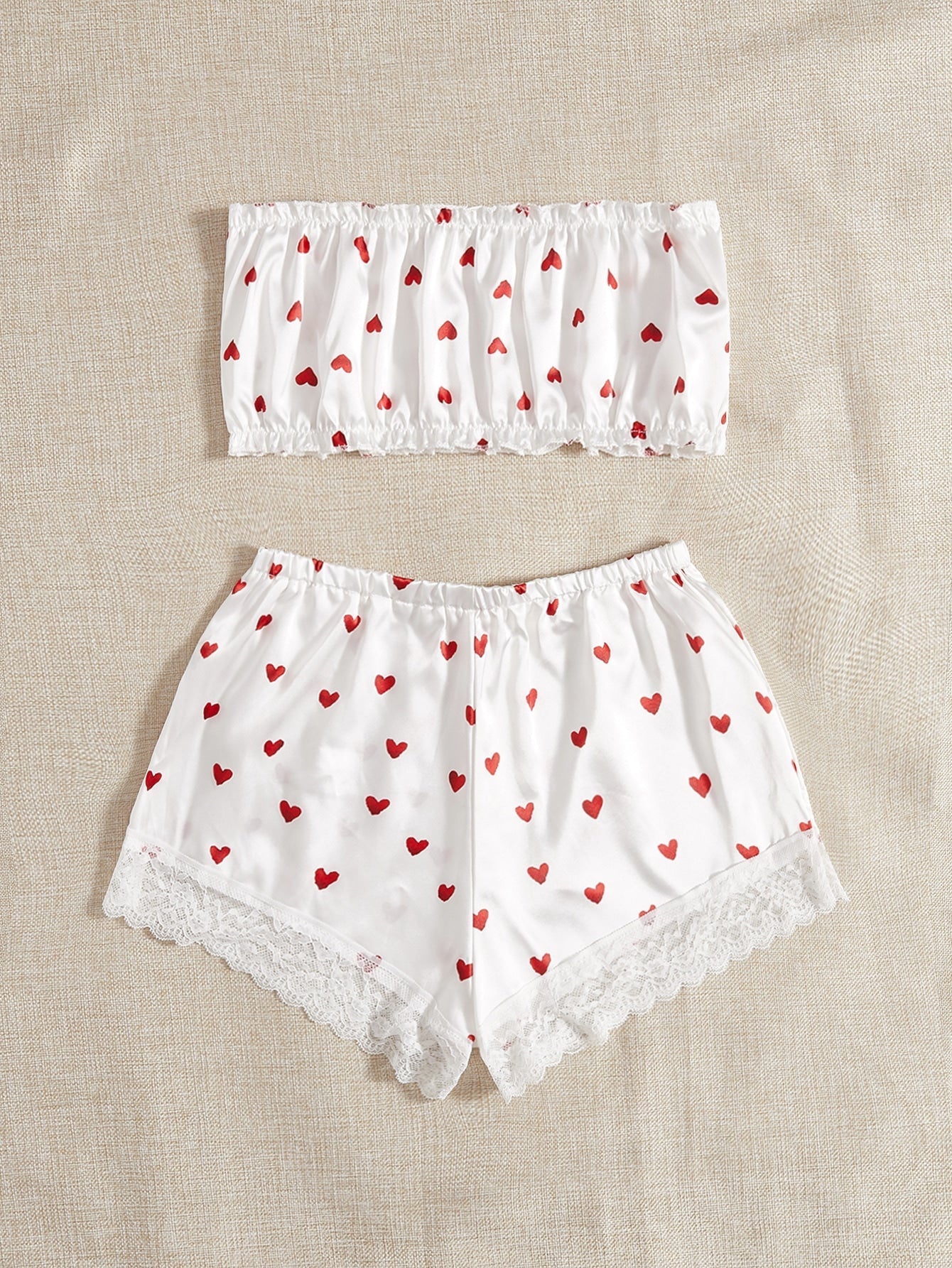 Pure Desire Heart Print Bandeau Satin Lingerie Set - Negative Apparel