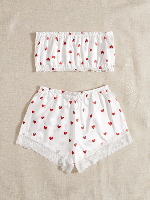 Pure Desire Heart Print Bandeau Satin Lingerie Set - Negative Apparel