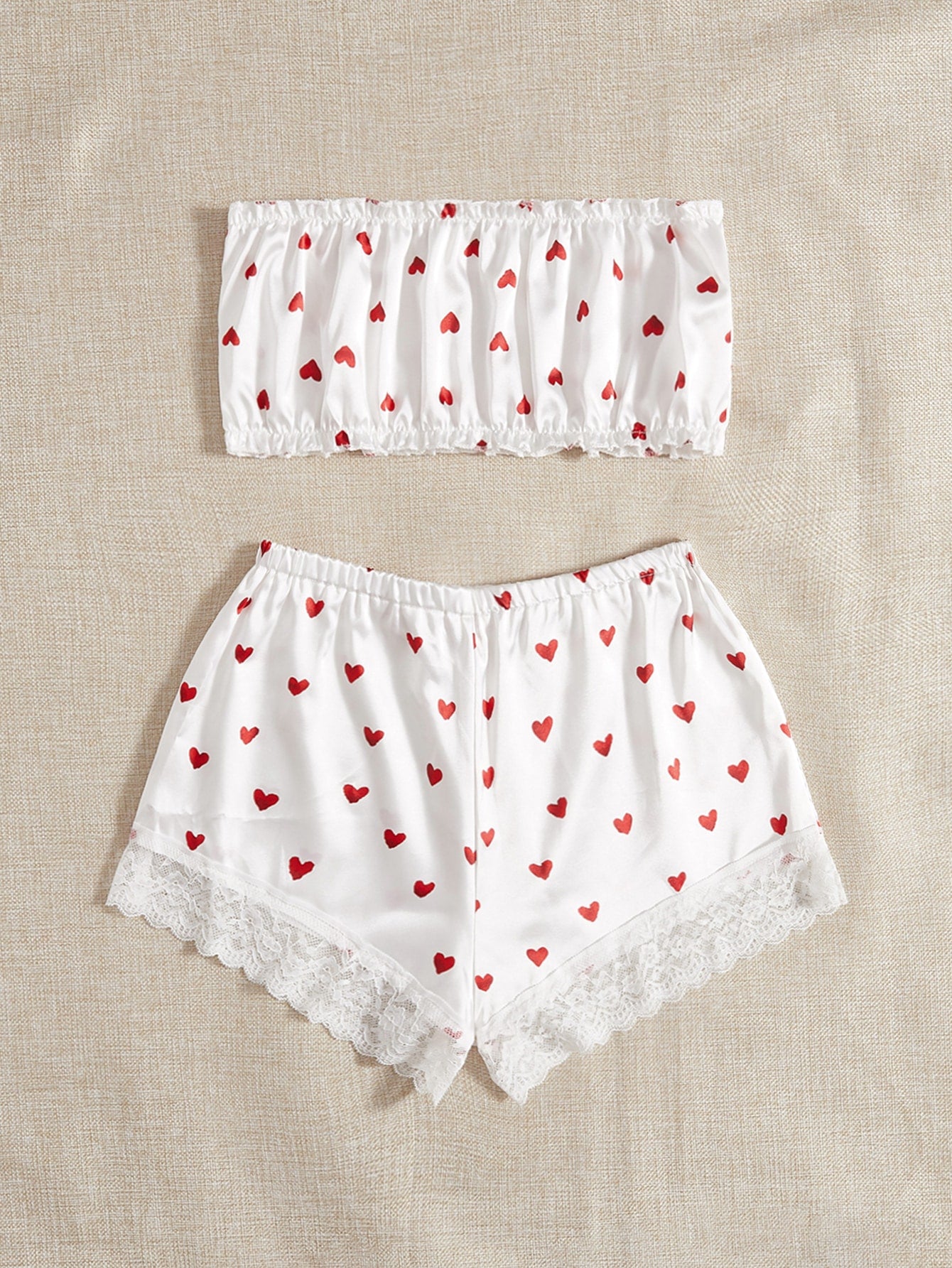 Pure Desire Heart Print Bandeau Satin Lingerie Set - Negative Apparel