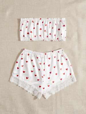 Pure Desire Heart Print Bandeau Satin Lingerie Set - Negative Apparel