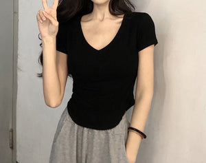 Pure desire style V - neck short - sleeved T-shirt for women in summer 2025 new slim fit hot girl short irregular bottoming top - Negative Apparel