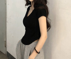 Pure desire style V - neck short - sleeved T-shirt for women in summer 2025 new slim fit hot girl short irregular bottoming top - Negative Apparel