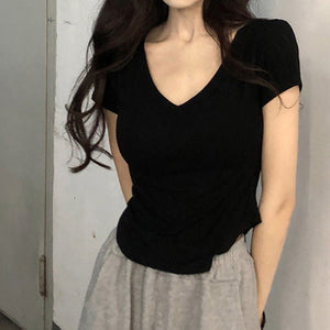 Pure desire style V - neck short - sleeved T-shirt for women in summer 2025 new slim fit hot girl short irregular bottoming top - Negative Apparel