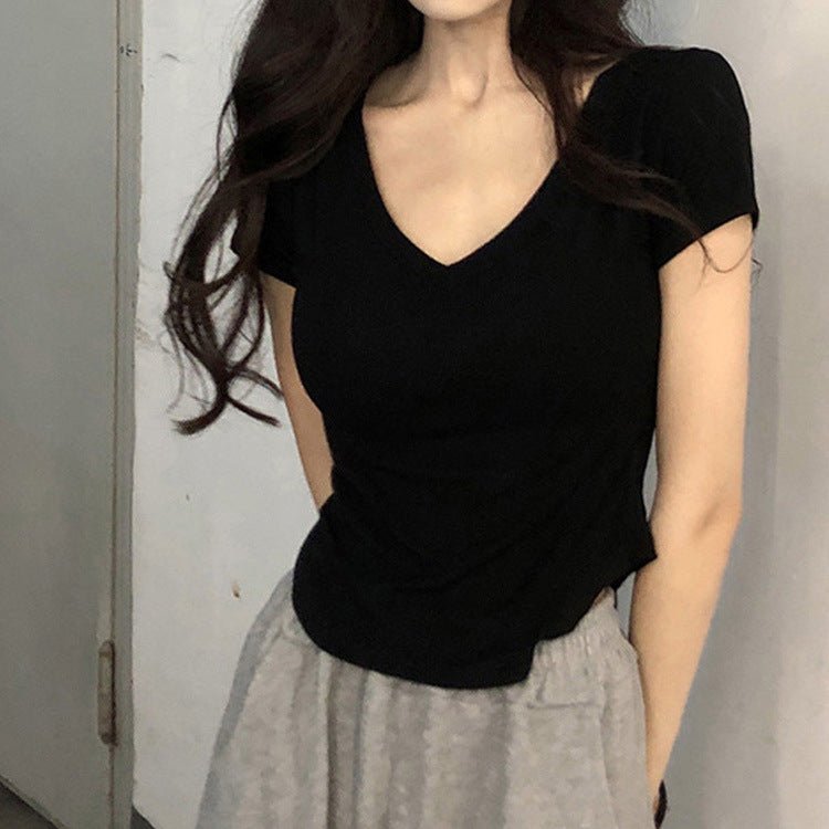 Pure desire style V - neck short - sleeved T-shirt for women in summer 2025 new slim fit hot girl short irregular bottoming top - Negative Apparel