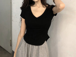 Pure desire style V - neck short - sleeved T-shirt for women in summer 2025 new slim fit hot girl short irregular bottoming top - Negative Apparel