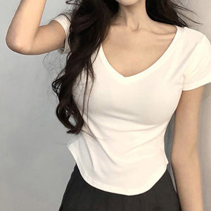 Pure desire style V - neck short - sleeved T-shirt for women in summer 2025 new slim fit hot girl short irregular bottoming top - Negative Apparel