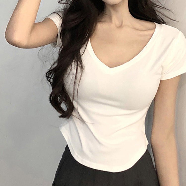 Pure desire style V - neck short - sleeved T-shirt for women in summer 2025 new slim fit hot girl short irregular bottoming top - Negative Apparel
