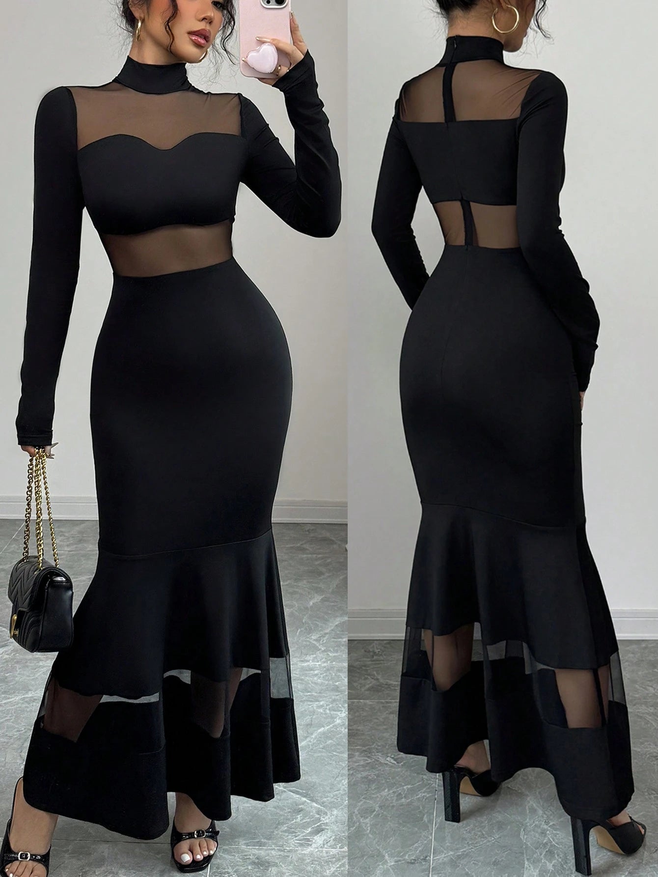 Rafferiza Sexy See - Through See - Through Mesh Bodycon Long Sleeve Fitted Mini Dress FD - Negative Apparel