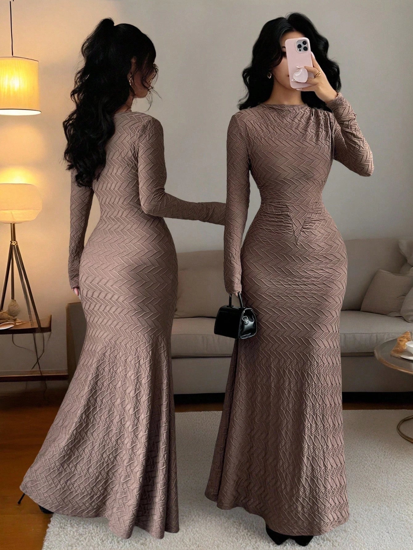 Rafferiza Women's Elegant And Fashionable Waist Round Neck Shoulder Pleated Brown Solid Color Texture Characteristic Pleated Tight Fishtail Skirt Women's Long Sleeve Maxi FD - Negative Apparel
