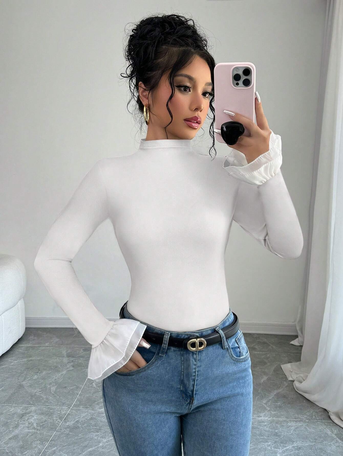 Rafferiza Women's Elegant Solid Color Bell Sleeve Fitted T-Shirt, Autumn Fall Cloth For Women - Negative Apparel