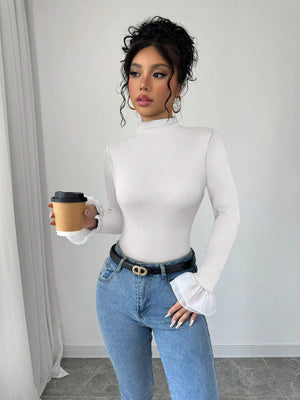 Rafferiza Women's Elegant Solid Color Bell Sleeve Fitted T-Shirt, Autumn Fall Cloth For Women - Negative Apparel