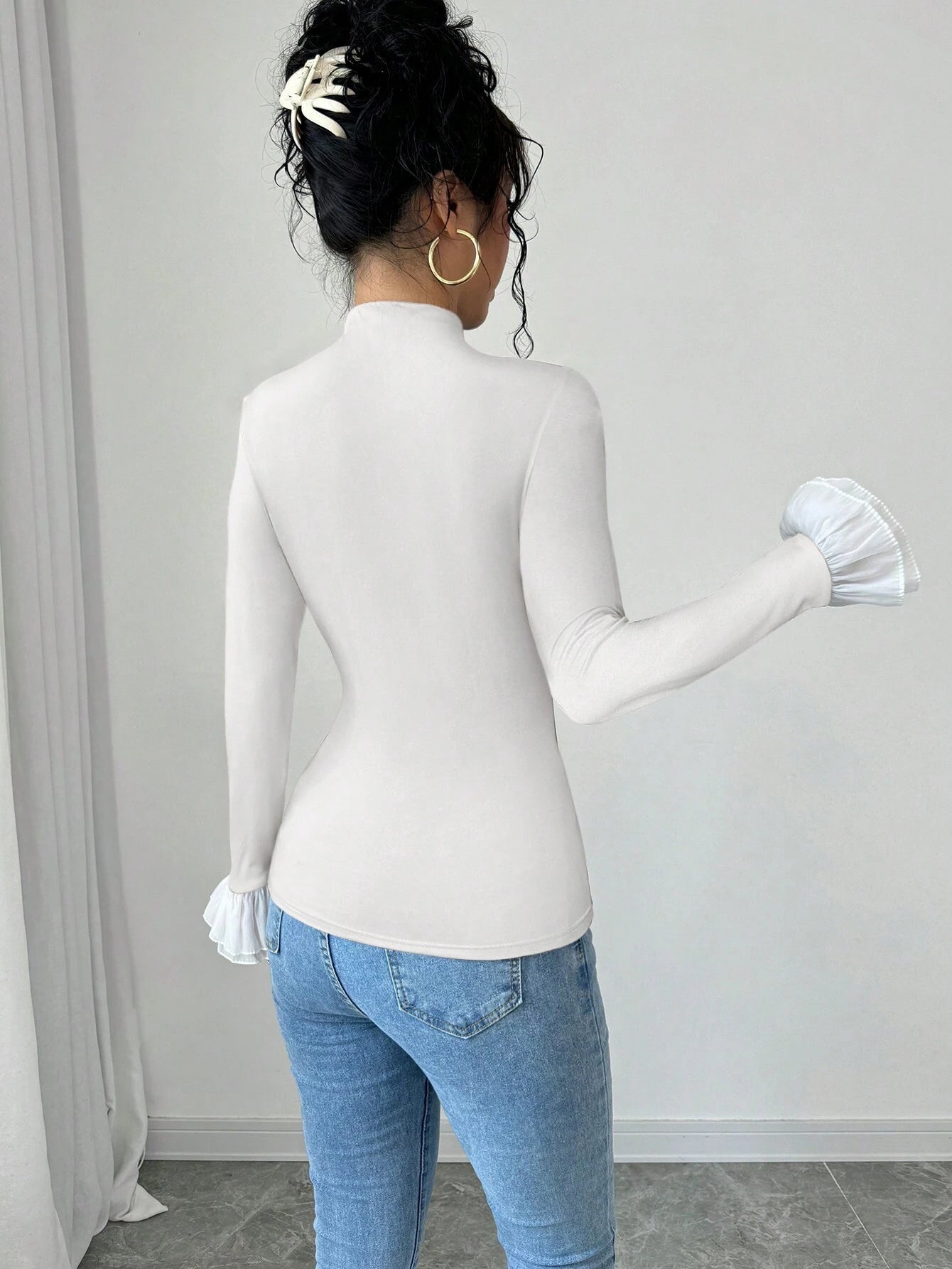 Rafferiza Women's Elegant Solid Color Bell Sleeve Fitted T-Shirt, Autumn Fall Cloth For Women - Negative Apparel