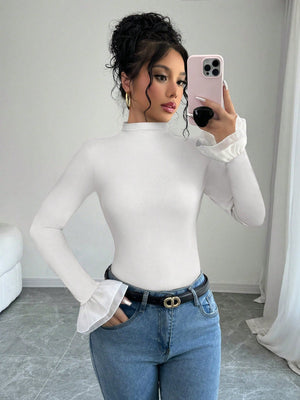 Rafferiza Women's Elegant Solid Color Bell Sleeve Fitted T-Shirt, Autumn Fall Cloth For Women - Negative Apparel