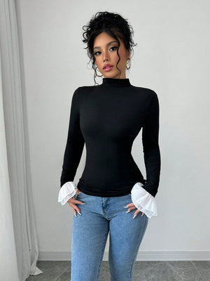 Raffinéa Women's Spring & Autumn Mock Neck Color - Block Bell Sleeve Fitted T-Shirt - Negative Apparel