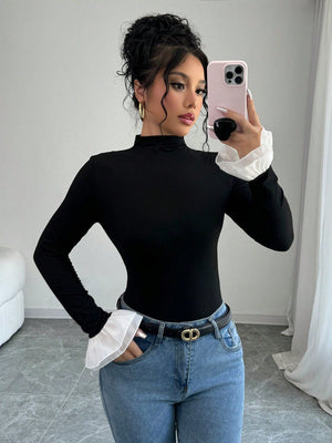 Raffinéa Women's Spring & Autumn Mock Neck Color - Block Bell Sleeve Fitted T-Shirt - Negative Apparel