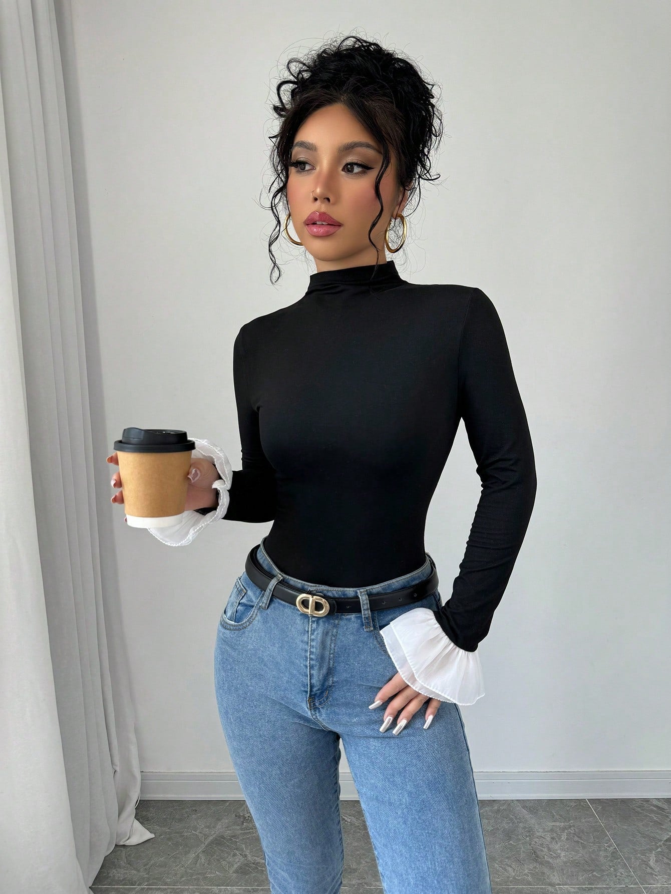 Raffinéa Women's Spring & Autumn Mock Neck Color - Block Bell Sleeve Fitted T-Shirt - Negative Apparel