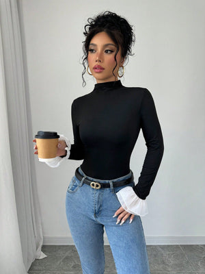 Raffinéa Women's Spring & Autumn Mock Neck Color - Block Bell Sleeve Fitted T-Shirt - Negative Apparel