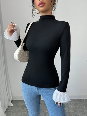 Raffinéa Women's Spring & Autumn Mock Neck Color - Block Bell Sleeve Fitted T-Shirt - Negative Apparel