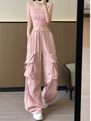 Retro overalls women's summer thin 2025 new thin casual American wide - leg pants high - waisted women's sweatpants - Negative Apparel