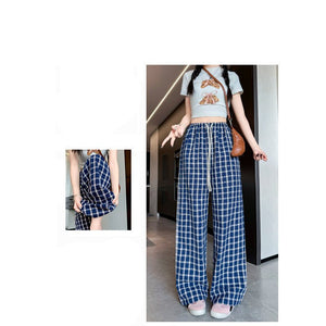 Retro plaid pants children's new spring, autumn and summer new high - waisted drape walking straight pants lazy mopping wide - leg pants - Negative Apparel