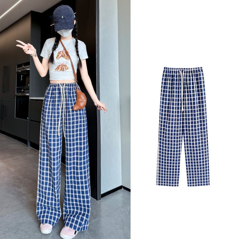 Retro plaid pants children's new spring, autumn and summer new high - waisted drape walking straight pants lazy mopping wide - leg pants - Negative Apparel