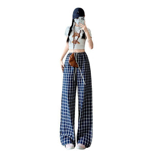 Retro plaid pants children's new spring, autumn and summer new high - waisted drape walking straight pants lazy mopping wide - leg pants - Negative Apparel
