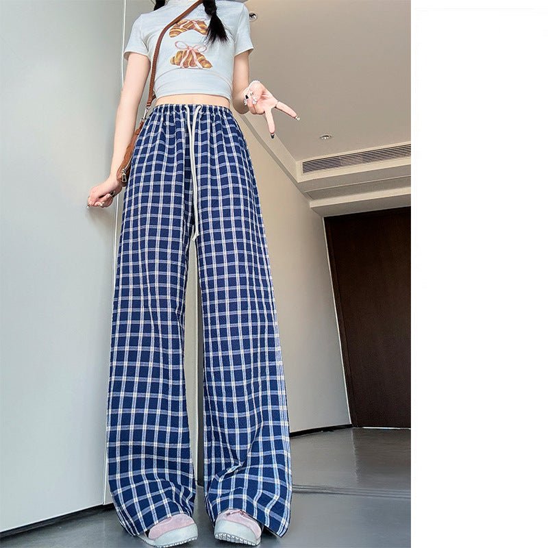 Retro plaid pants children's new spring, autumn and summer new high - waisted drape walking straight pants lazy mopping wide - leg pants - Negative Apparel