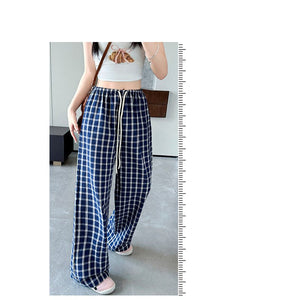 Retro plaid pants children's new spring, autumn and summer new high - waisted drape walking straight pants lazy mopping wide - leg pants - Negative Apparel