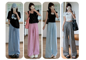 Retro plaid pants women's pants summer women's thin high - waisted drape walking pants casual straight ice silk wide - leg pants - Negative Apparel
