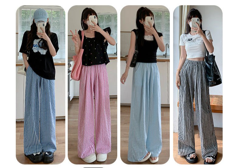 Retro plaid pants women's pants summer women's thin high - waisted drape walking pants casual straight ice silk wide - leg pants - Negative Apparel